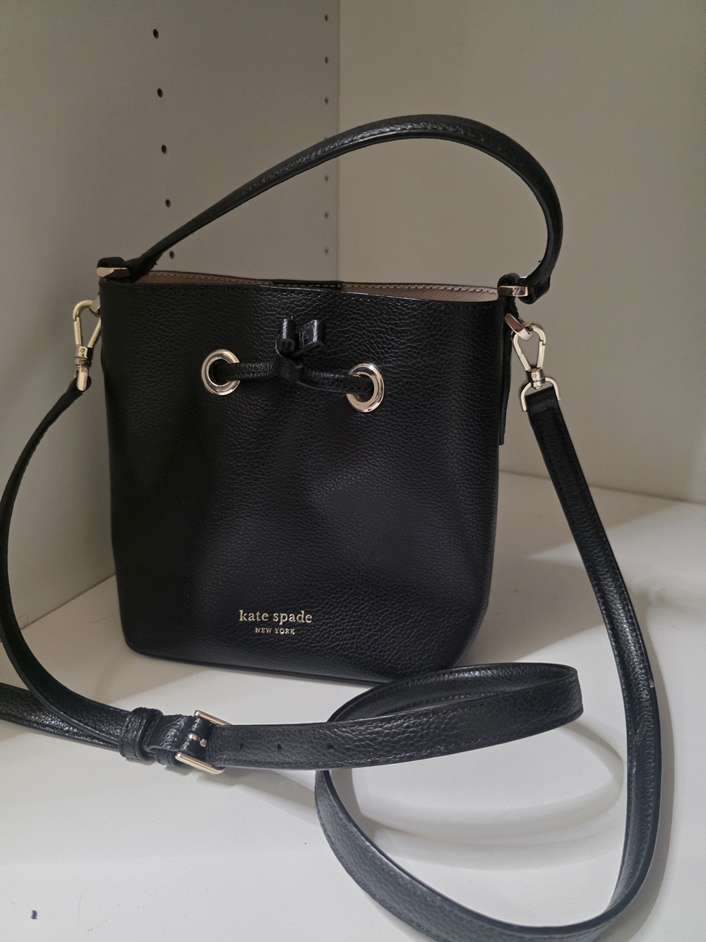 kate spade Black Pebbled Leather Bucket Crossbody Bag with Gold Hardware